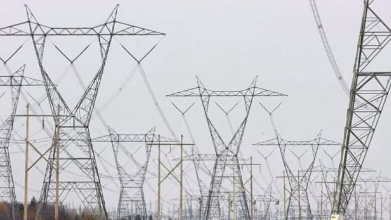 Electricity transmission towers and lines dominating a vista.