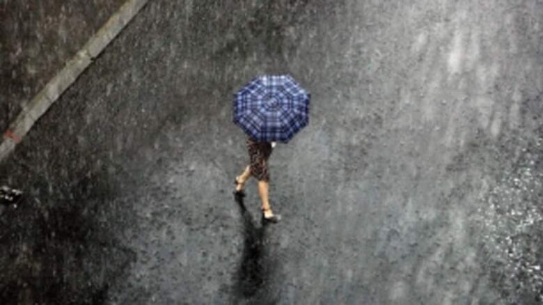 A person carrying an umbrella in a rain storm seen from above. 