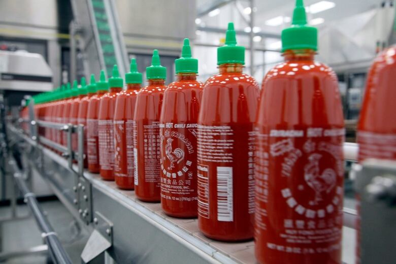 A line of clear bottles with red sauce in them capped with a green spout