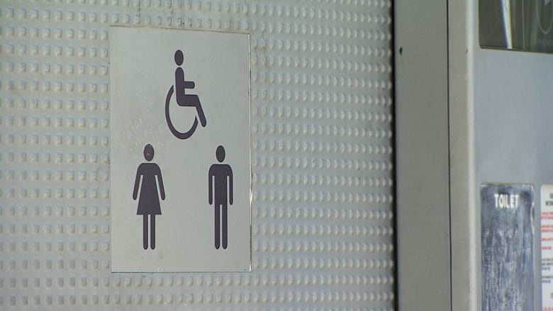 a public washroom sign with male, female and person with disability