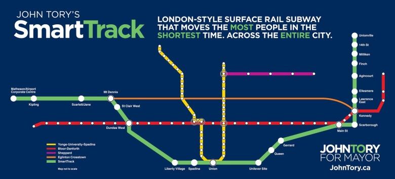 Transit map extending across the city of Toronto, from west to east.