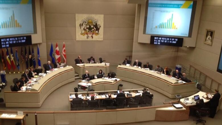 Council chambers are pictured from above. There are rows of desks with people sitting at them. 