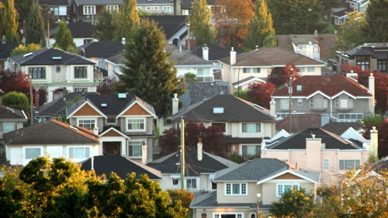 Single homes near Vancouver's Queen Elizabeth Park appear tightly stacked in a telephoto close-up photograph. 