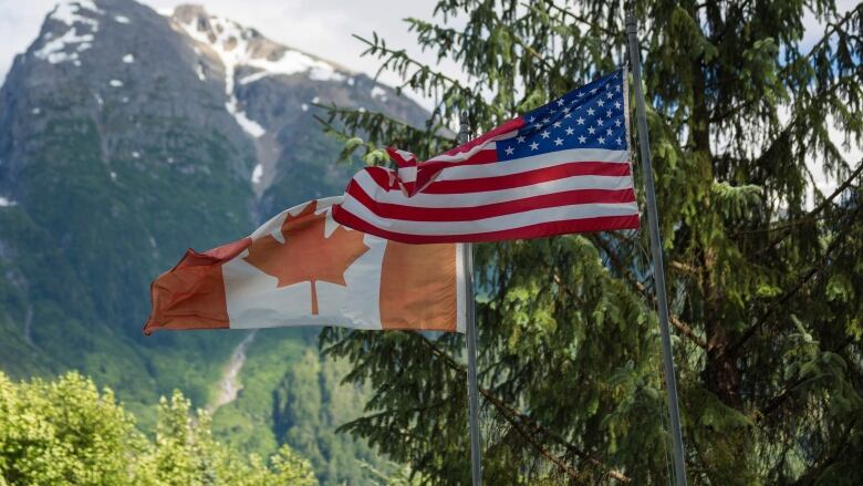 A Canadian flag and an American flag