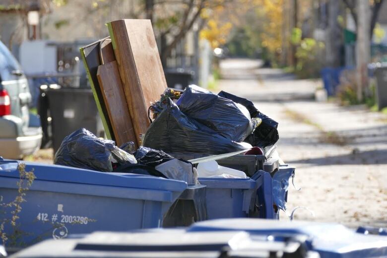 This photo shows overflowing garbage bins.