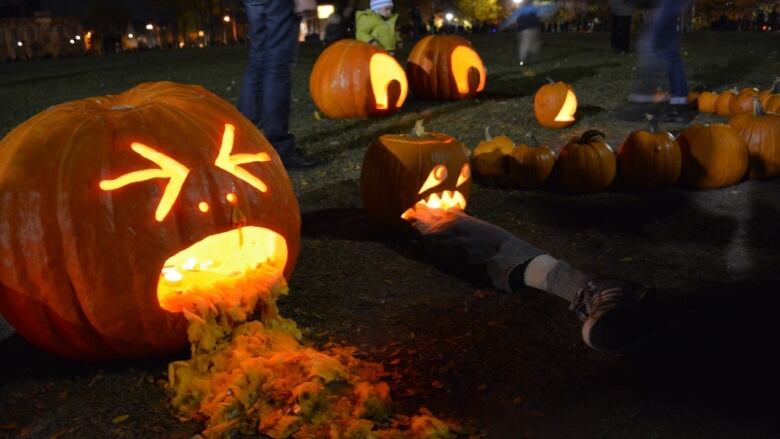 Orange pumpkins are lined up at a park at night.