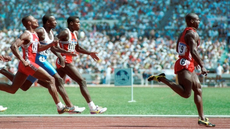 One sprinter runs far ahead three other sprinters