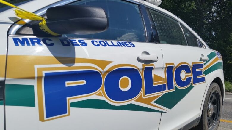 A white police vehicle with blue, green and gold markings.