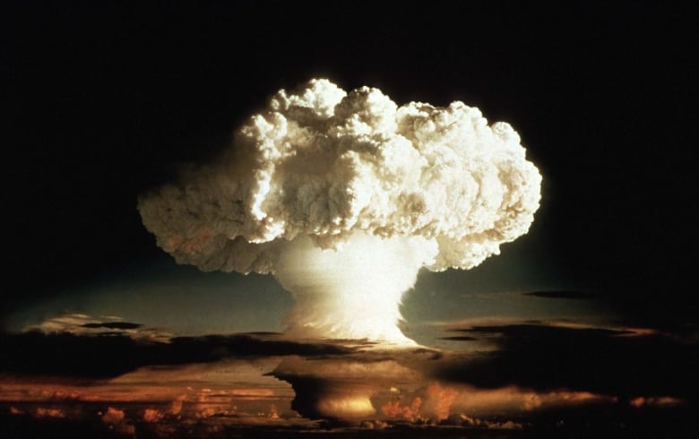 The mushroom cloud of the first test of a hydrogen bomb, 