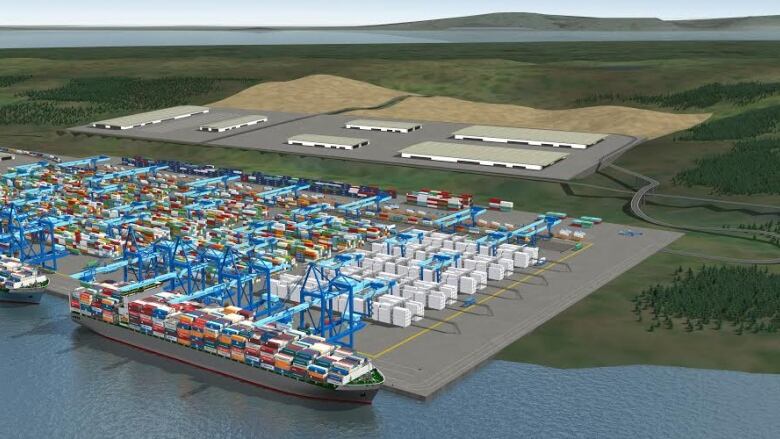 An artists drawing shows a ship loaded with shipping containers docked alongside a container terminal with dozens of other containers already unloaded.