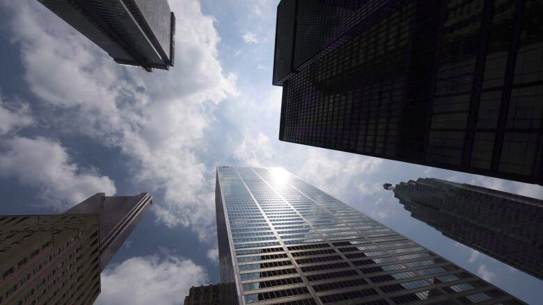 Bank towers are shown from Bay Street in Toronto's financial district.