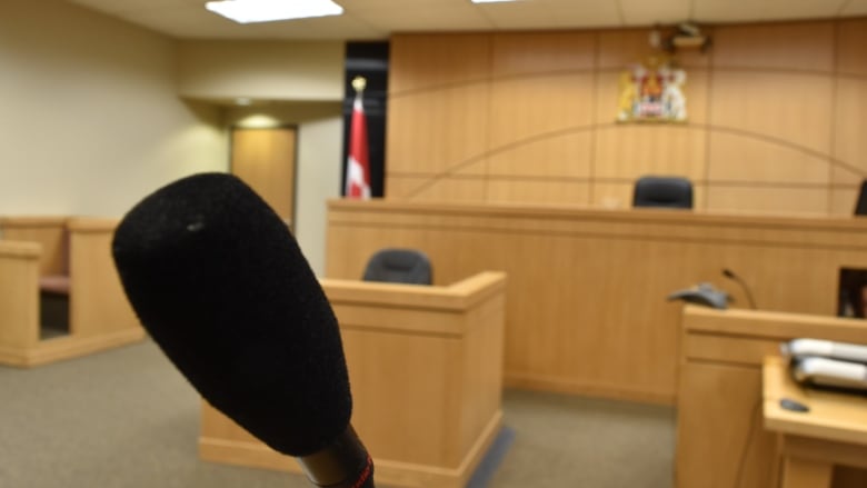 A microphone in a witness box in a courtroom