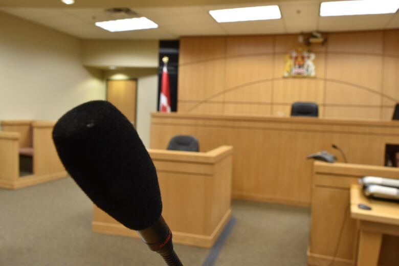 A microphone in a witness box in a courtroom