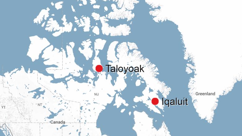 A map of Taloyoak, Nunavut in relation to Iqaluit