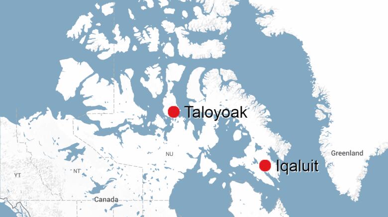 A map of Taloyoak, Nunavut in relation to Iqaluit