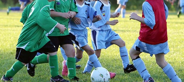 Children playing soccer on a grass pitch.