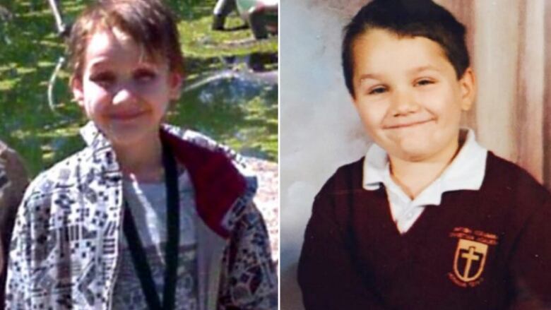 Two photos show a smiling, healthy boy as a young teen and as a six-year-old.