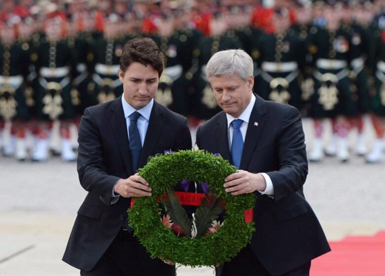 Two men lay a wreath.