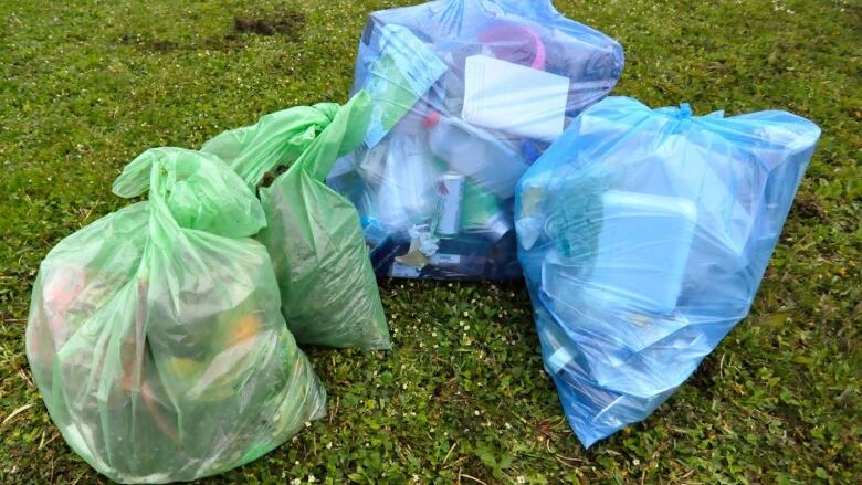 Four clear garbage bags.