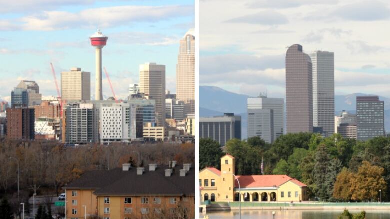 The Calgary skyline, featuring the Calgary Tower, is pictured at left while the Denver skyline is pictured at right.