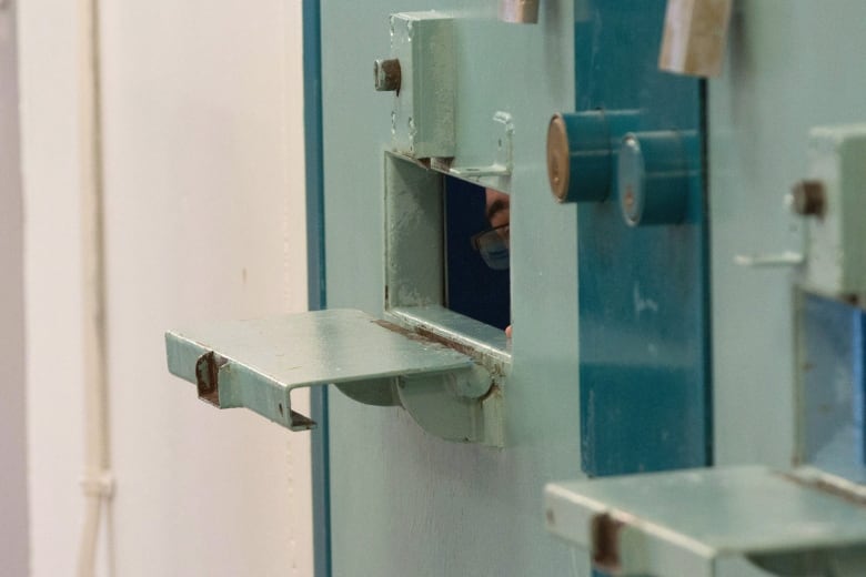 A person peering through the door of a segregation cell.