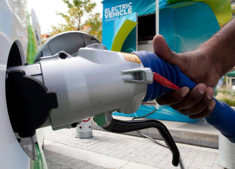 A hand holds an electric vehicle charger into an EV's port. The words Electric Vehicle charging station are visible in the background.