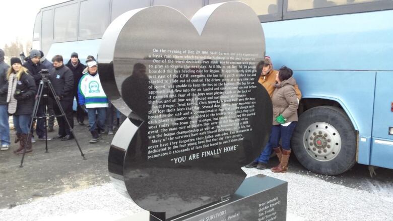 The memorial stone details the events of Dec. 30, 1986, when the Swift Current Broncos' bus crashed, killing four players.