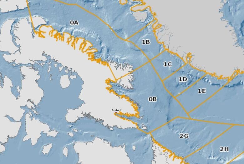 A map of offshore fishing zones in Nunavut. 