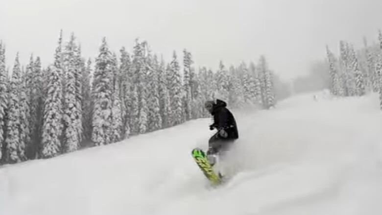 A snowboarder rides down a slope with deep snow.