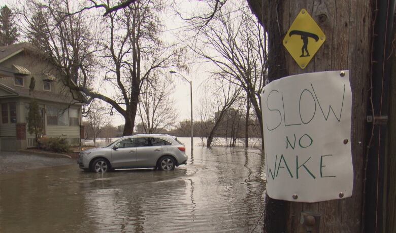 A car is parked on a flooded city street, while a sign is affixed to a tree, telling people to go slowly.