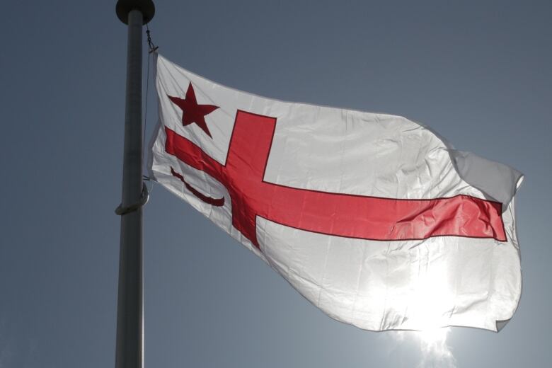 A white flag with red symbols is shown with the sun in the background.