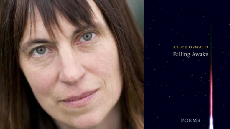 Falling Awake by Alice Oswald. Illustrated book cover of a night sky with stars. Headshot of a white woman author.