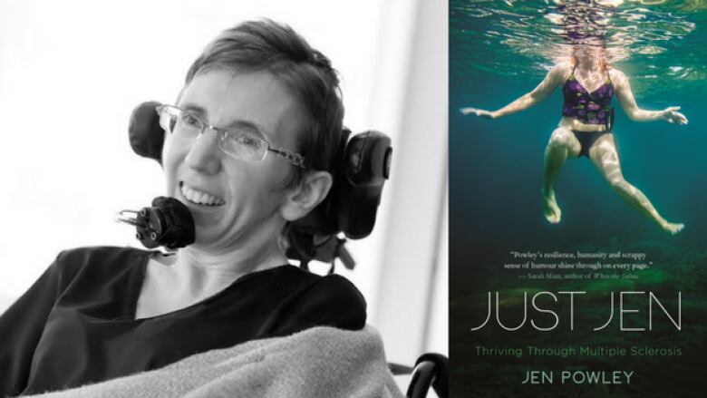 Jen Powley is shown in a wheelchair. A cover of her book is also shown as well.