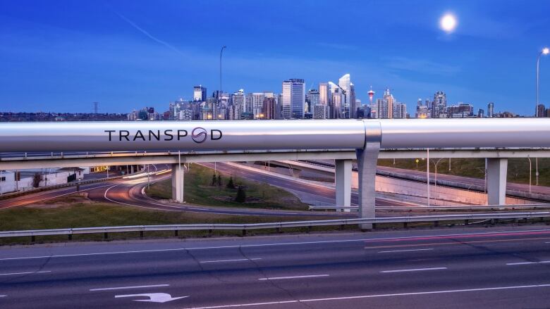 A mockup of a train tube outside Calgary at dark