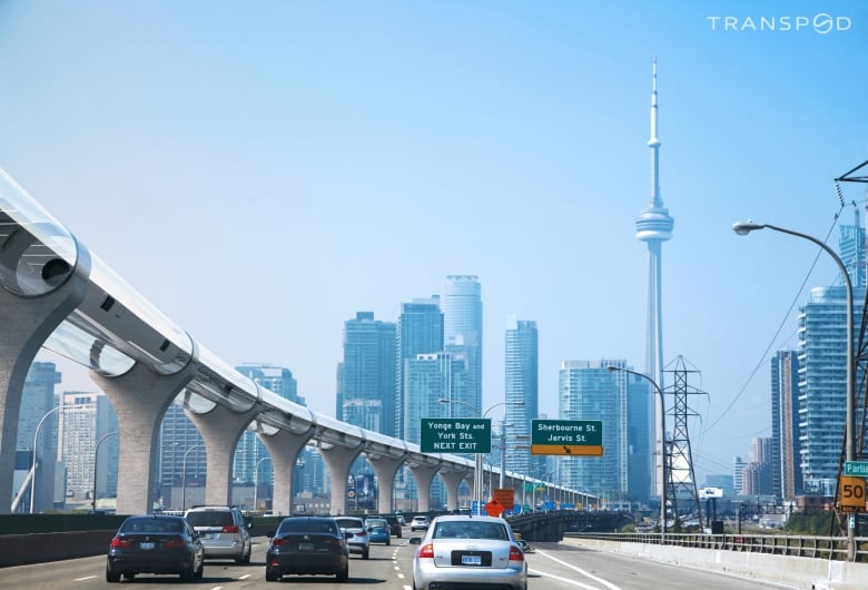 A mockup of a train outside Toronto's skyline in the day.