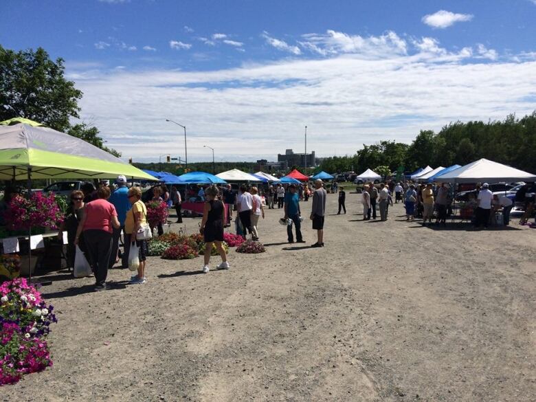 People shopping at an outdoor market.