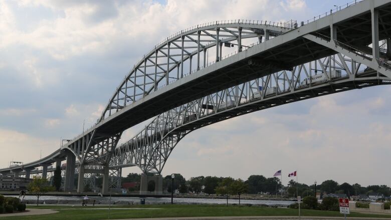 Wide shot of a bridge over water.