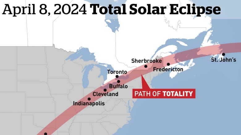 A map of Prince Edward Island showing the path of an eclipse that will happen on April 8, 2024