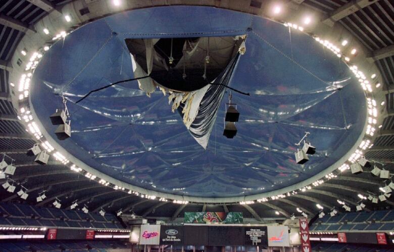 View from interior of Olympic Stadium roof.