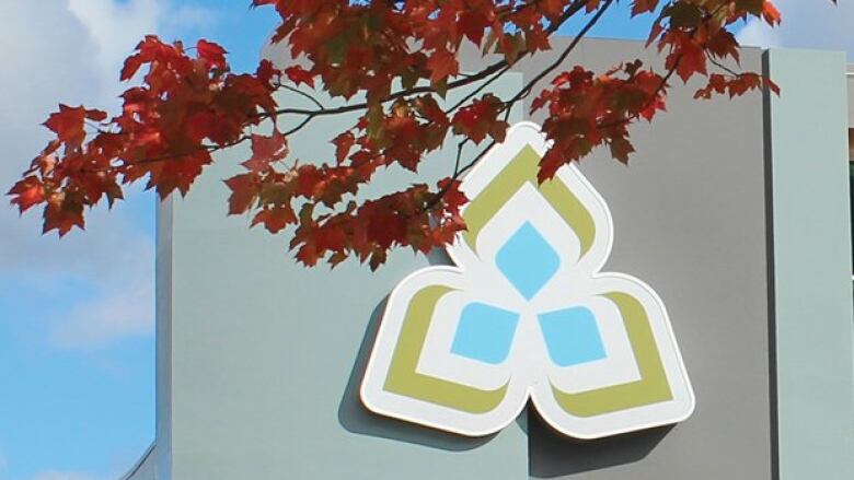 A trillium logo representing Sault College on the side of a grey building with a branch of red maple leaves in the foreground