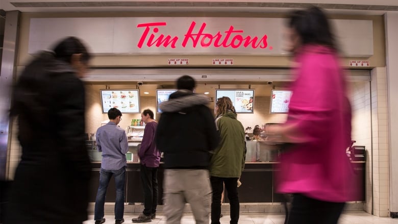 A line up of people at a coffee shop marked 'Tim Hortons'.