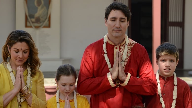 Trudeau, his wife Sophie Gregoire Trudeau, and children pose in traditional Indian clothing while on a trip to India.