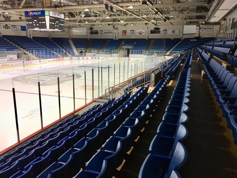 A picture of the ice surface and seating at the Eastlink Centre in Charlottetown, home of the Charlottetown Islanders QMJHL team.