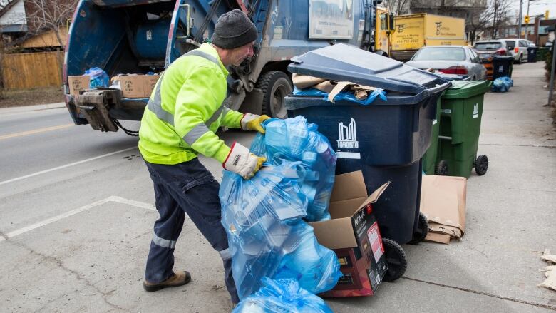 A garbage man loads a bag of recycling into a garbage truck on a grey day. He is on a city street.