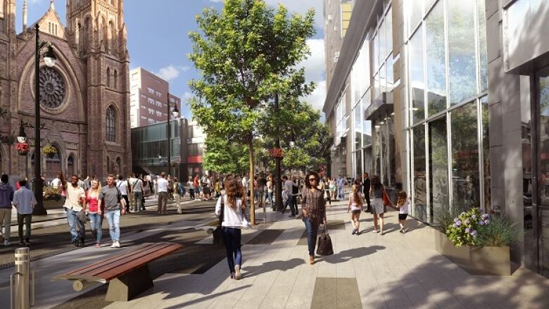 A mock-up of Ste-Catherine street with wider sidewalks and more trees. 