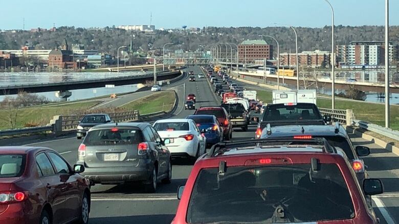 Heavy traffic, seen from the perspective of behind a car