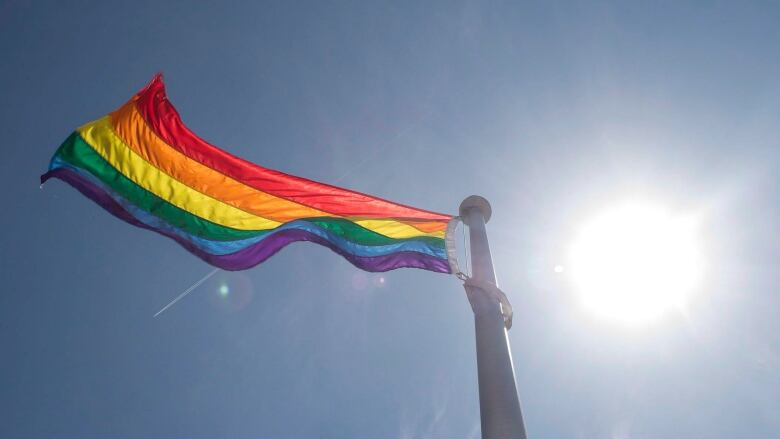 A rainbow flag blows in the wind. 