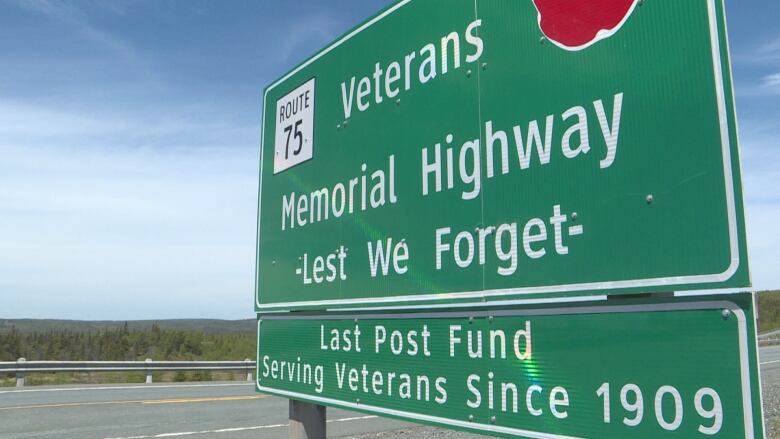 A sign for the Veterans Memorial Highway in Newfoundland and Labrador.