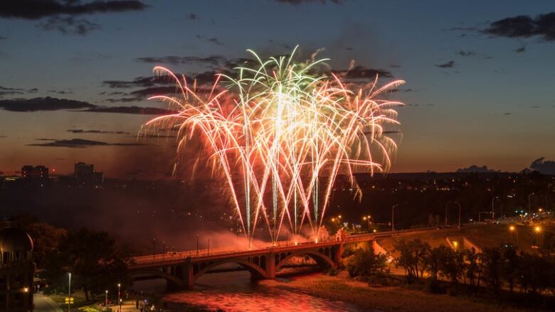 A fireworks display over a bridge in Calgary. 