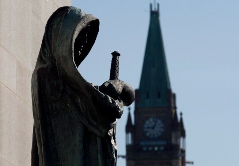 Ivstitia (Justice) guards the entrance of the Supreme Court of Canada as the Peace tower is seen in the background in this file photo.